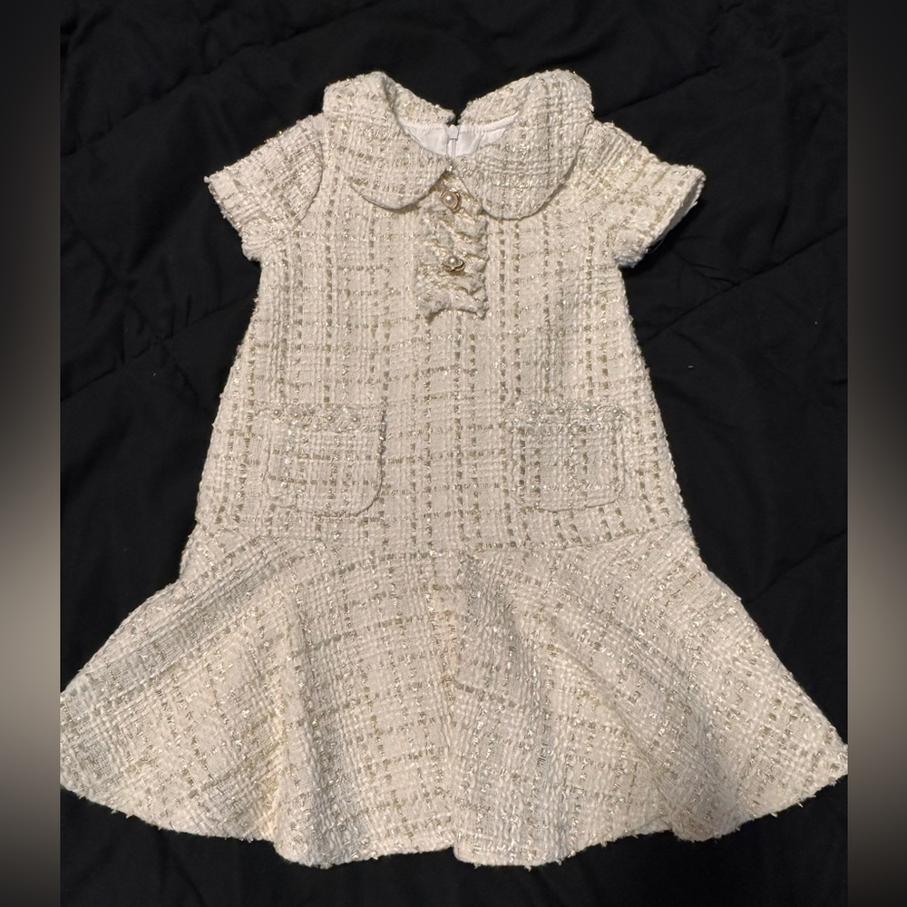 Blueberi Boulevard Ivory Tweed Dress Peter Pan Collar Pearl Detail Size 4T